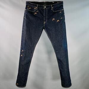 36 Indigo Cotton Selvedge Twill Straight Embroidered Birds Jeans